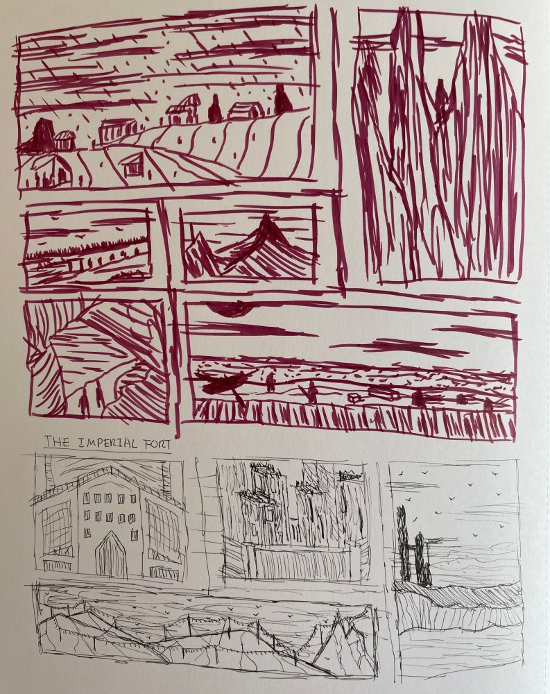 Multiple images depicting fantasy architecture, mountainous landscapes with forts, coastlines, a cave entrance, and a forest.