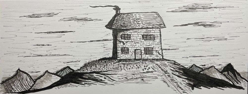 A stone cottage with smoking chimney is sat on a hill amidst mountains.