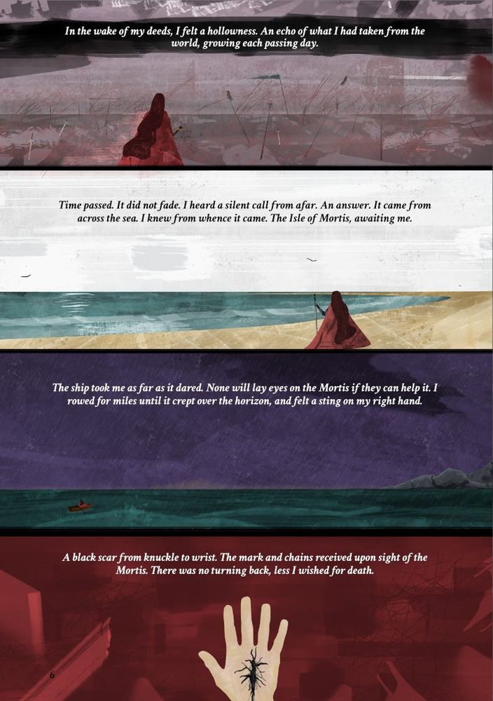 Four comic panels in sequence. 1. A knight stands before the remains of a battlefield. 2. The knight stands on a beach looking out to sea. 3. The knight approaches an island in a row boat. 4. A hand with a black scar.