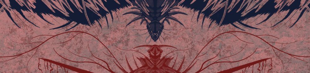 A blue dragon with wings spread above a mantis like demon drawn in red.