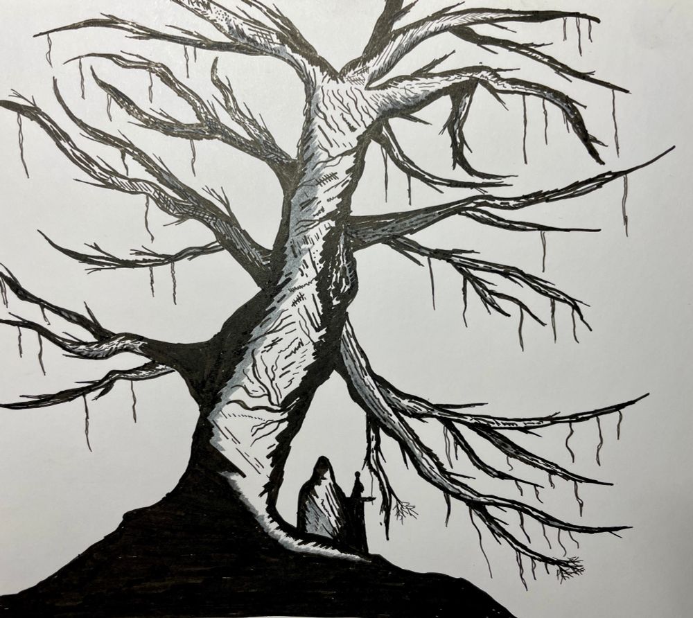 A bare tree with a figure beneath it holding a sword.