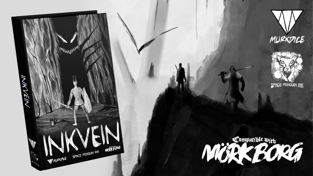 A depiction of a hardcover book titled 'Inkvein' with a background featuring a cliff and two ink figures venturing into an uncertain horizon.