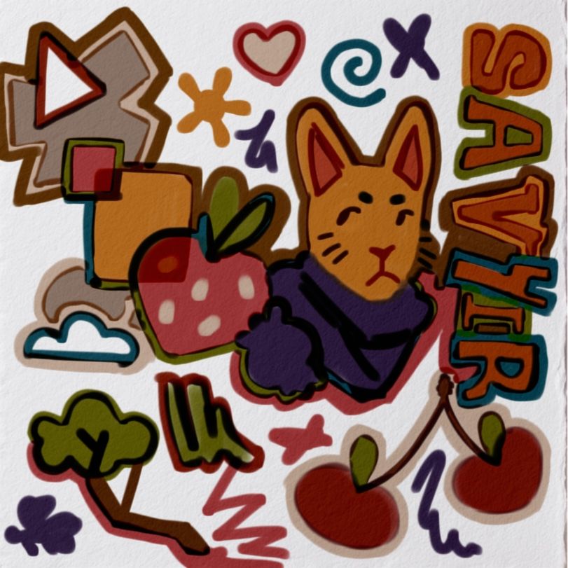 A digital drawing styled to look like marker drawing on paper. It features a lot of doodles of fruits, abstract shapes and a headshot of a furry cat character wearing a scarf. There is also word "savyir" written sideways on the right of the image in the same style.