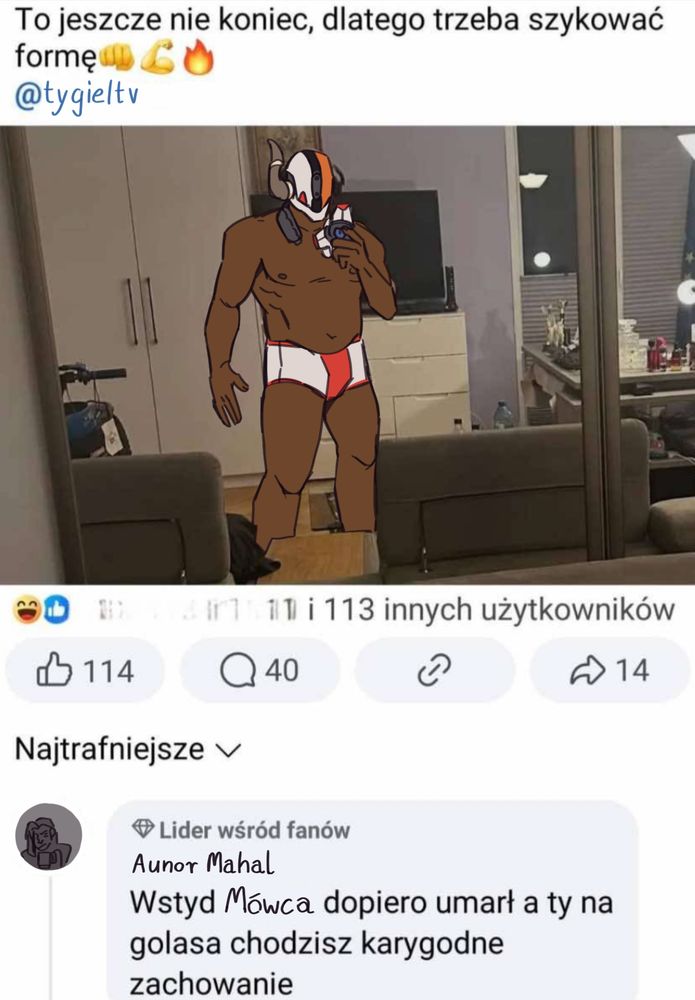 A meme redraw of a Facebook post and a comment (translated in the text of the post). There is a photo of a muscular man wearing only boxers taking a photo of himself in the mirror. It has been redrawin into Lord Shaxx taking the photo with his ghost, holding them like a phone. Of course the helmet is on. The icon of the commenter was also redrawn into an off-center picture of angry Aunor Mahal.