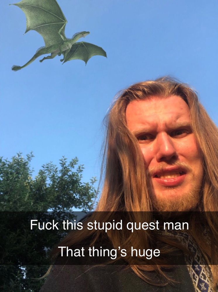 A humorous image that depicts someone in a fantasy setting with the caption “fuck this stupid quest man that thing is huge” with the huge entity in question being a large dragon like creature flying in the sky 