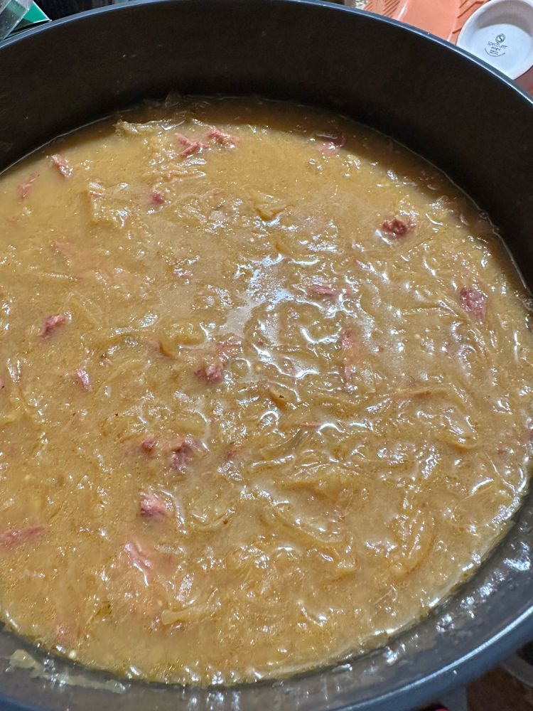 Broth stage of soup: broth, seasonings and shredded corned beef