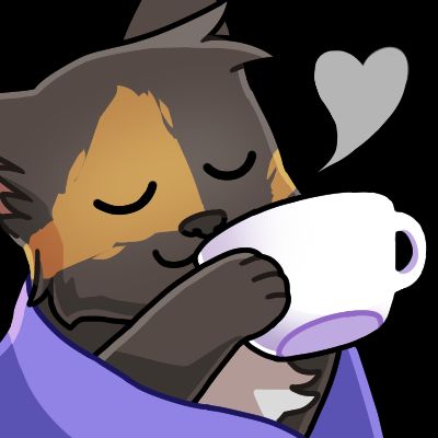 A cute drawn cat, by the name of Latte, who is a Tortoise Shell cat, mainly black with splashes of orange and white on the fur. He is covered in a purple blanket and is drinking out of a white mug. There is a heart shaped steam cloud coming from the mug. He is very comfy.