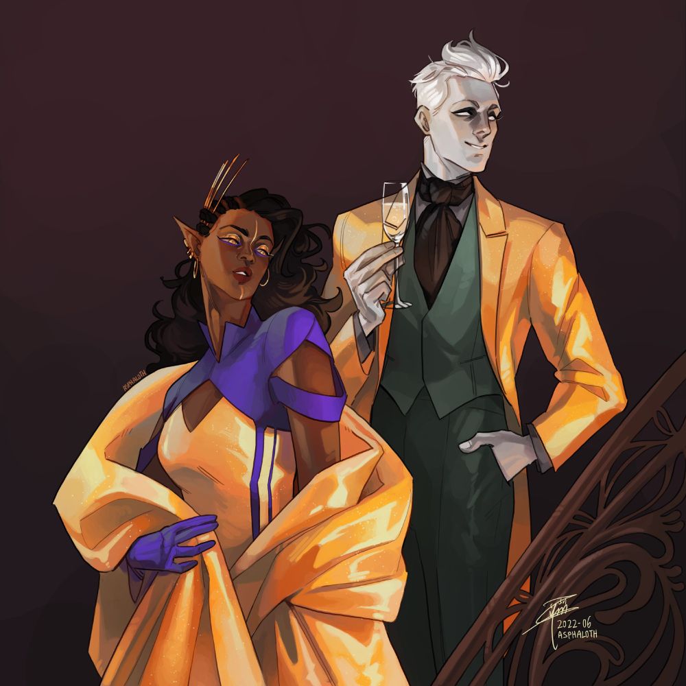 Loquatius and Laerryn from EXU: Calamity in the pose and style of JC Leyendecker's painting of a couple walking down the stairs. Characters are in fancy gold evening wear.
