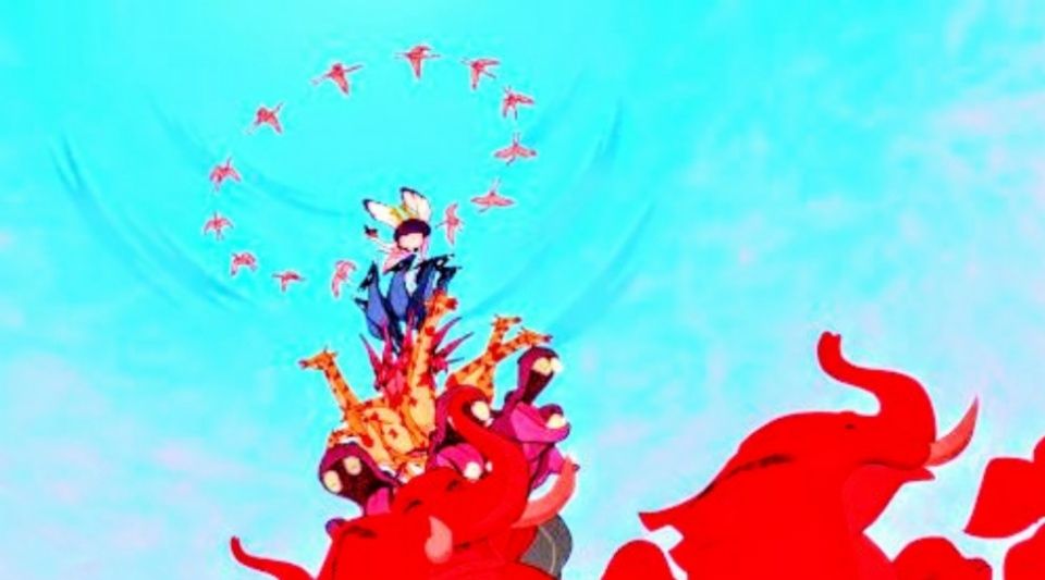 The Lion King's Simba, rising into the sky on a tower of joyful animals at the end of the song I Just Can't Wait To Be King
