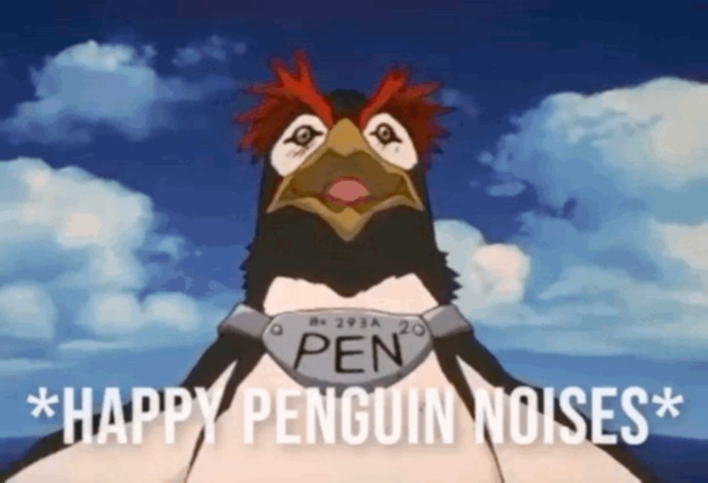 a cartoon penguin says happy penguin noises in front of a cloudy sky