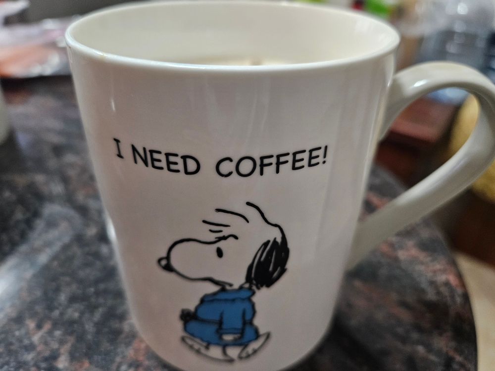 Snoopy im Bademantel mit der Überschrift I NEED COFFEE