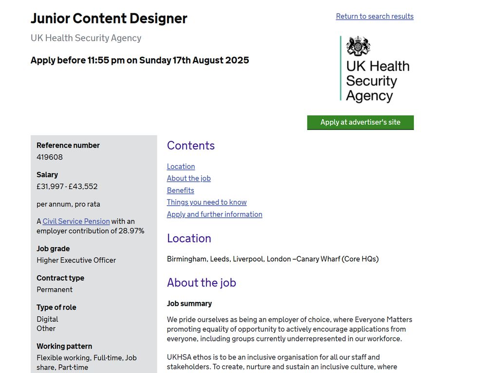 A screengrab of the job ad with a salary range of £31,997 to £43,552 and the option to work in Birmingham, Leeds, Liverpool or London.