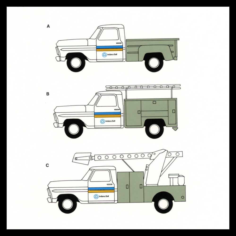Drawings of three different types of lineman trucks, one with a flat bed, one with a ladder, and one with a cherry picker. They're painted white and olive green with blue and yellow details.