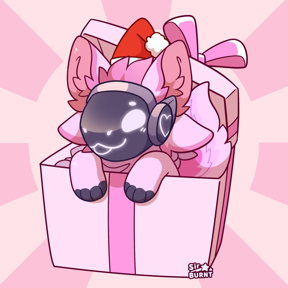 A cute, small pink protogen sitting inside a pink gift present with the protogen enthusiastically looking at you. There is a small red Santa Hat on it's head.