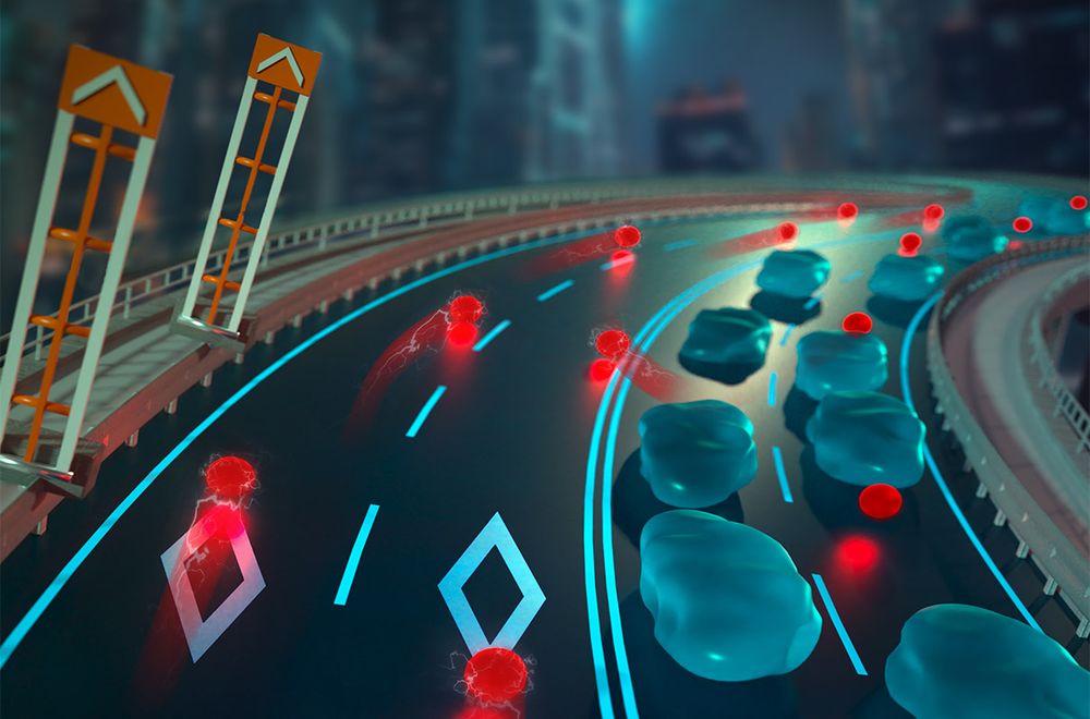 Journal-cover illustration of a four-lane highway, with the two left lanes marked with diamonds (indicating high-occupancy vehicle or “carpool” lanes). The right two lanes are “congested” with gel-like blobs. Red dots (representing ions) are stuck between blobs in the two right lanes, but move unimpeded in the two left lanes.