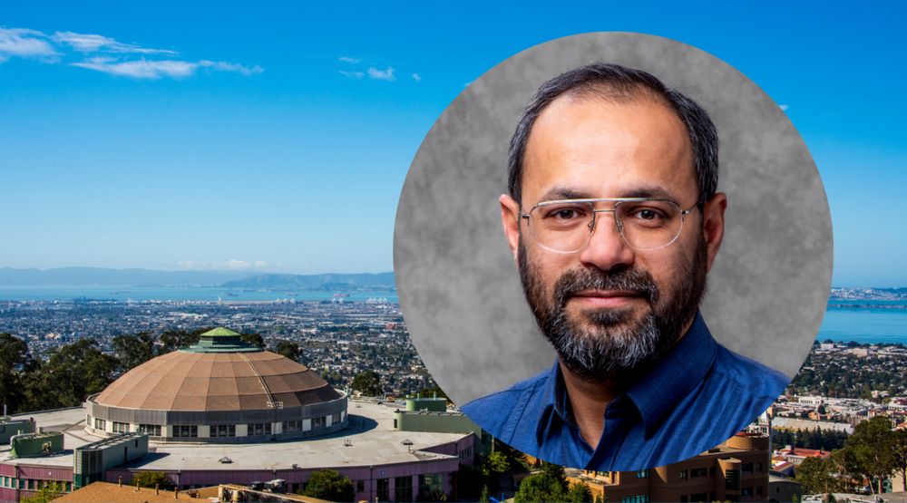 A circlularly cropped headshot of a man in a blue collared shirt, overlaid on a view of the ALS dome and San Francisco Bay.