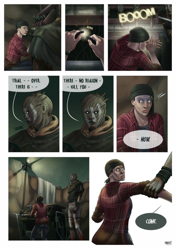 Fourth page of "A Dead by Daylight fancomic". The gen is completed, Wraith says to her "trial over, there no reason kill you now". 