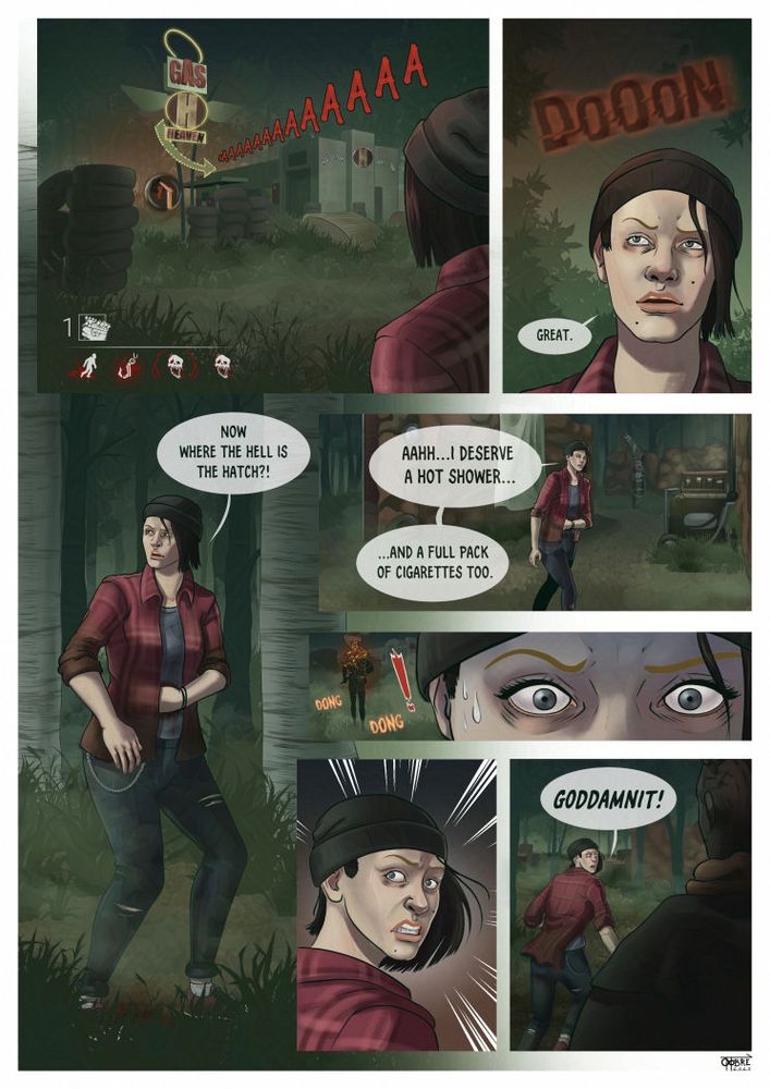 Page one of "A Dead by Daylight fan-comic". Nea is injuried and is the only survivor of the match. The map is the old Gas Heaven.