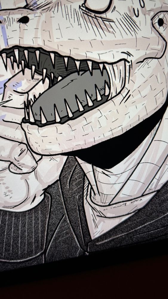 Work in progress from a page of my Dorohedoro fan-comic. A crop portrait of an embarrassed Caiman with his mouth open.