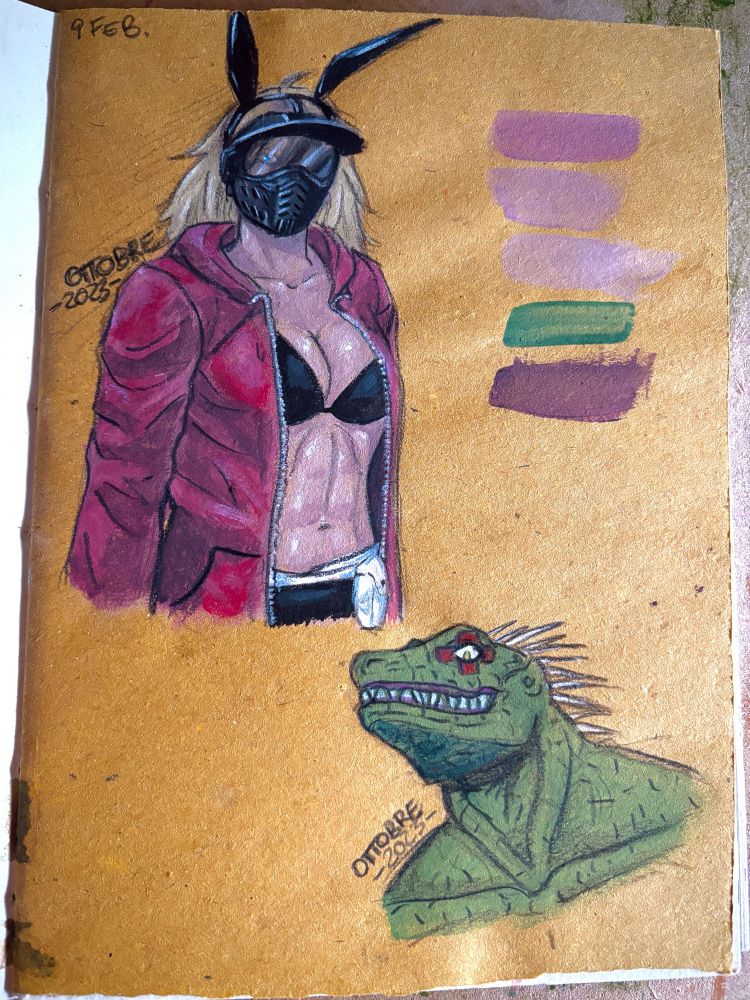 Two sketches of Nikaido (a blonde muscular woman with a black mask) and Kaiman (a man with a reptile face) on a ochre recycled paper.