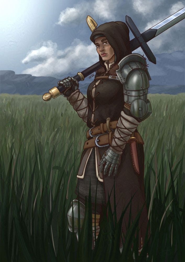 Half body illustration of Malena in armor holding a Zweihander. The background is a grassy valley with grey clouds in the distance.