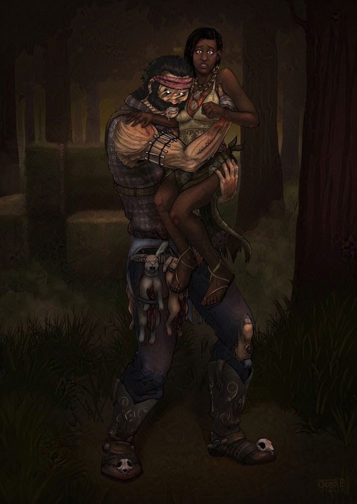 Fan-art of a couple of characters from the video-game Dead by Daylight: the Hillbilly and Claudette. The hillbilly is holding the woman between his arms. He has an aggressive attitude towards the viewer, while she is surprised and a little scared.