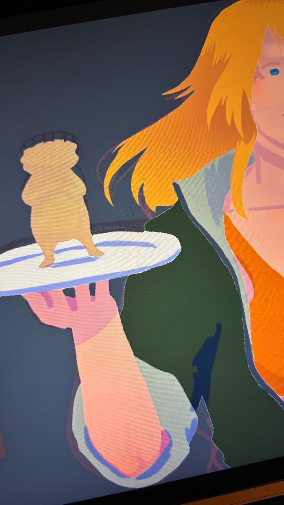 Snippet of a colored illustration, a little gyoza-man on a plate carried by a blonde woman.