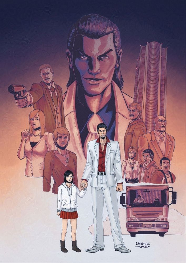 Illustration starring the main cast of the video game Yakuza Kiwami. The composition imitate old movie posters, with Kazuma Kiryu and Haruka Sawamura at the centre.