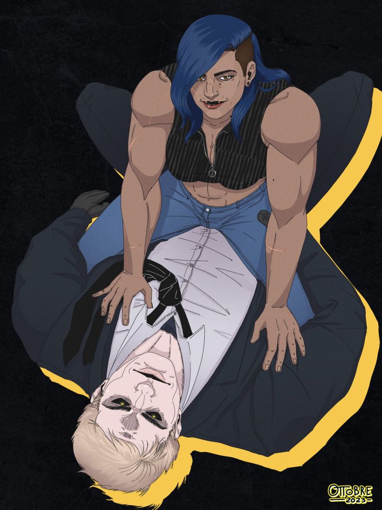 Two protagonists of my webcomic “MaNa”, one on top of another looking towards the viewer. Malena is the muscled woman on the top, on the bottom there is a strange man who wears a human mask with a menacing look.