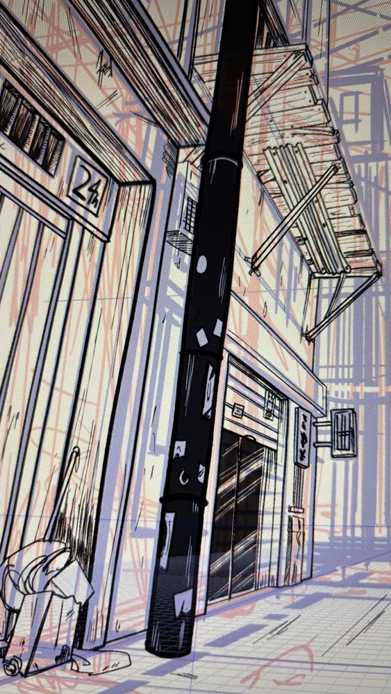 Work in progress of a drawing of a decaying street.