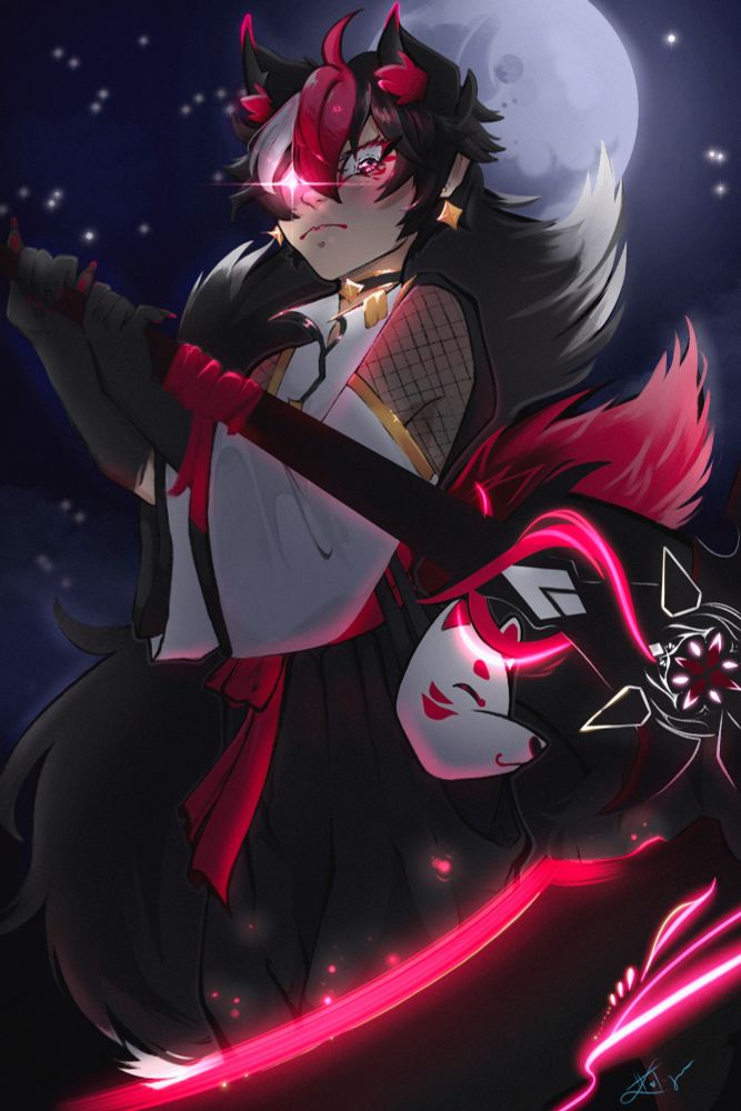 A digital drawing of my VTuber design in the night holding a black scythe with red accents. They resemble a human fox, a Kitsune, with black hair and red/white accents, matching their modernized miko clothing.