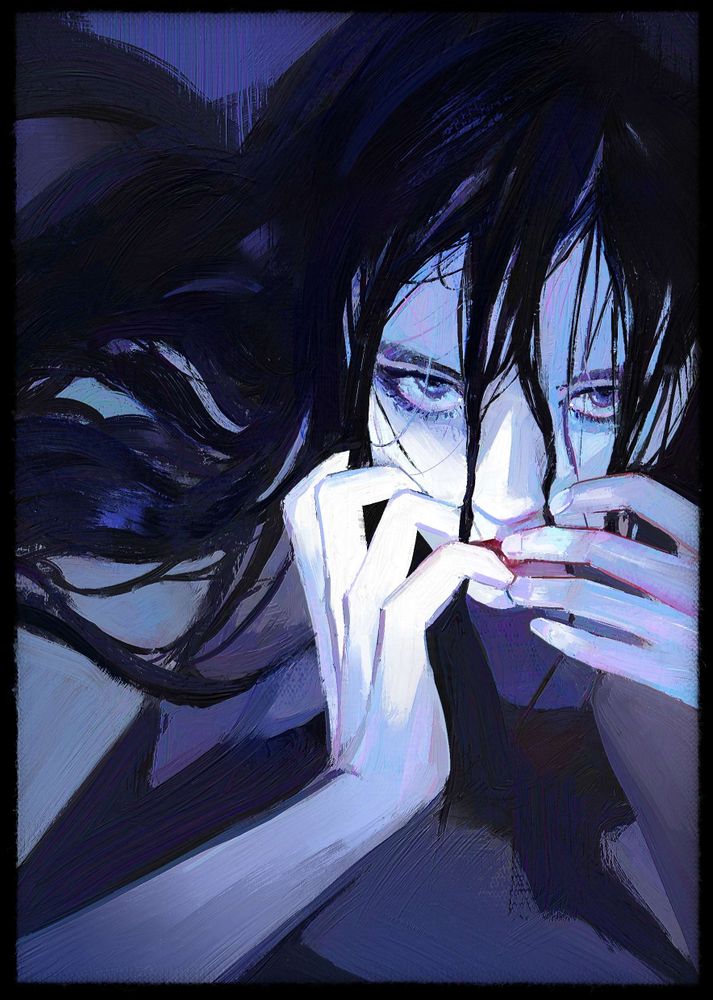 Portrait of a woman with long, wet, dark blue black hair that hangs over her face and shoulder. She intensely stares at the viewer with her fingers at her lips. The painting is mostly filled with cold purple, blue, and cyan hues.
