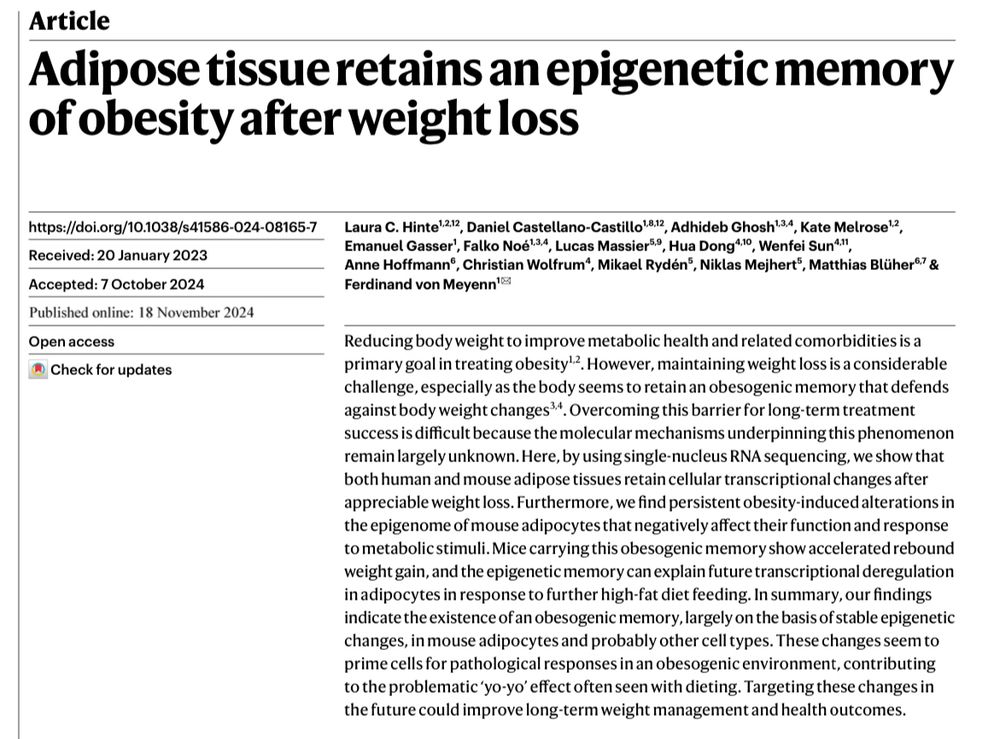 Article: Adipose tissue retains an epigenetic memory of obesity after weight loss