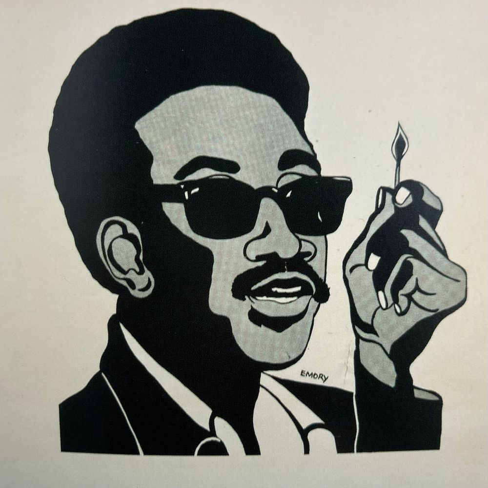 An illustration of H. Rap Brown holding a lit match. By Emory Douglas