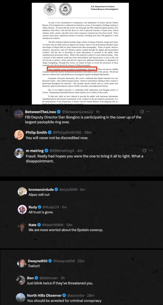 FBI Deputy Director Dan Bongino is participating in the cover up of the largest pedophile ring ever.

Philip Smith

Philip Smith156-38m

You will never not be discredited now.

m meiring

@MMmeiring4.4m

Fraud. Really had hopes you were the one to bring it all to light. What a disappointment.

bromansirdude

@elyk2008-8m

Aipac sell out

Rudy

RudyLTX-6m

All trust is gone.

Nate

Nate1990W-12m

We are more worried about the Epstein coverup.

Dwayne850Dwayne850-32m

Traitor!!

Ben

@bkbtower-3h

Just blink twice if they've threatened you.

North Hills Observer

@asotvitw-28m

You should be arrested for criminal conspiracy