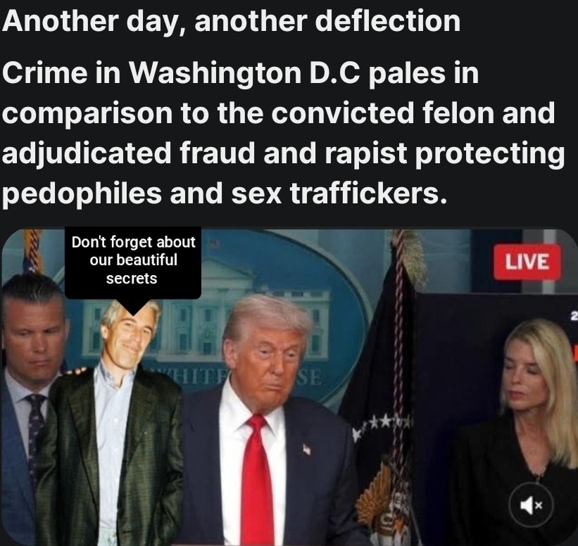 Hegseth- sex offender and addict
Trump- convicted felon and adjudicated fraud and rapist 
Bondi- waste of space

Epstein