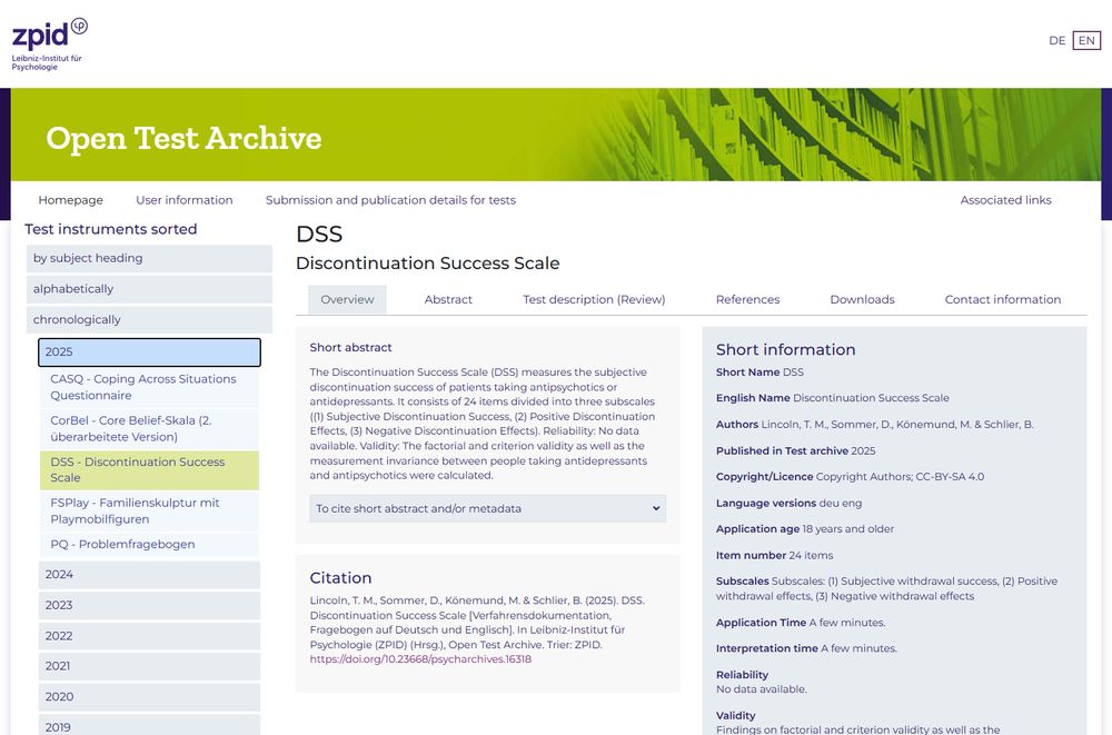 Screenshot: Chronological list of the new tests from 2025 in Leibniz Institute for Psychology's (ZPID) Open Test Archive. Photo: ZPID
