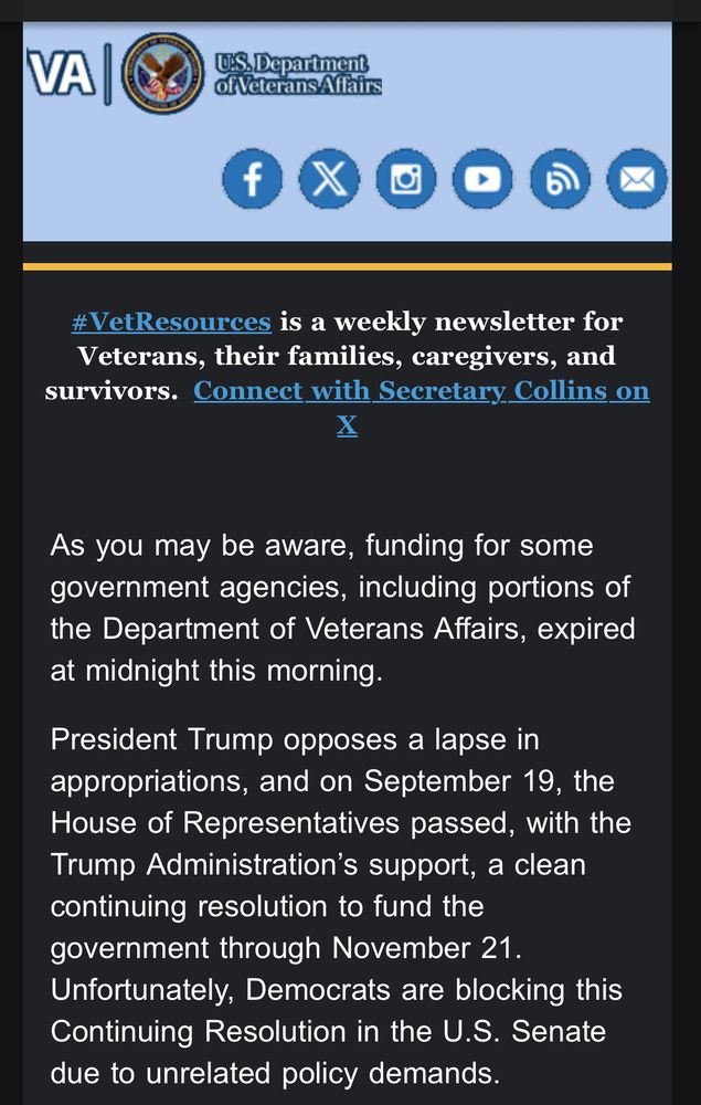 screenshot of a va email blaming democrats for the shutdown
