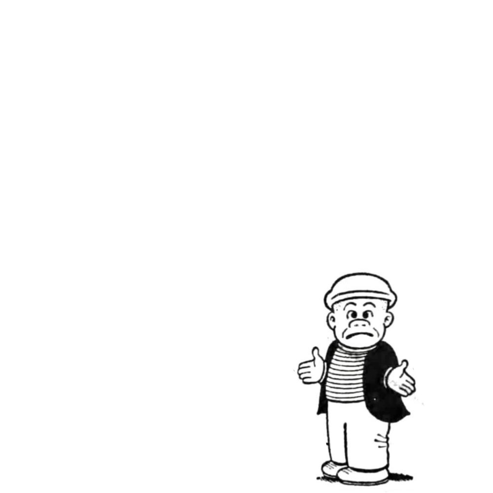 sluggo standing in the bottom right corner of a large blank white box. he is looking directly at the viewer, with a confused expression and the palms of his hands exposed