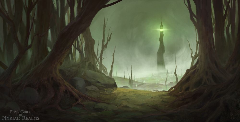 Image depicts the exit of a creepy forest to a foggy open. In the background a crooked lighthouse shines its pale green light through the sky. 