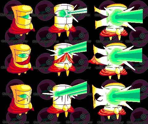 Collection of three new masked designs for the summon Medjed. They are arranged into 3 rows with each row showing an idle pose anontwo action poses. Alternate colors are used for the core of each character.