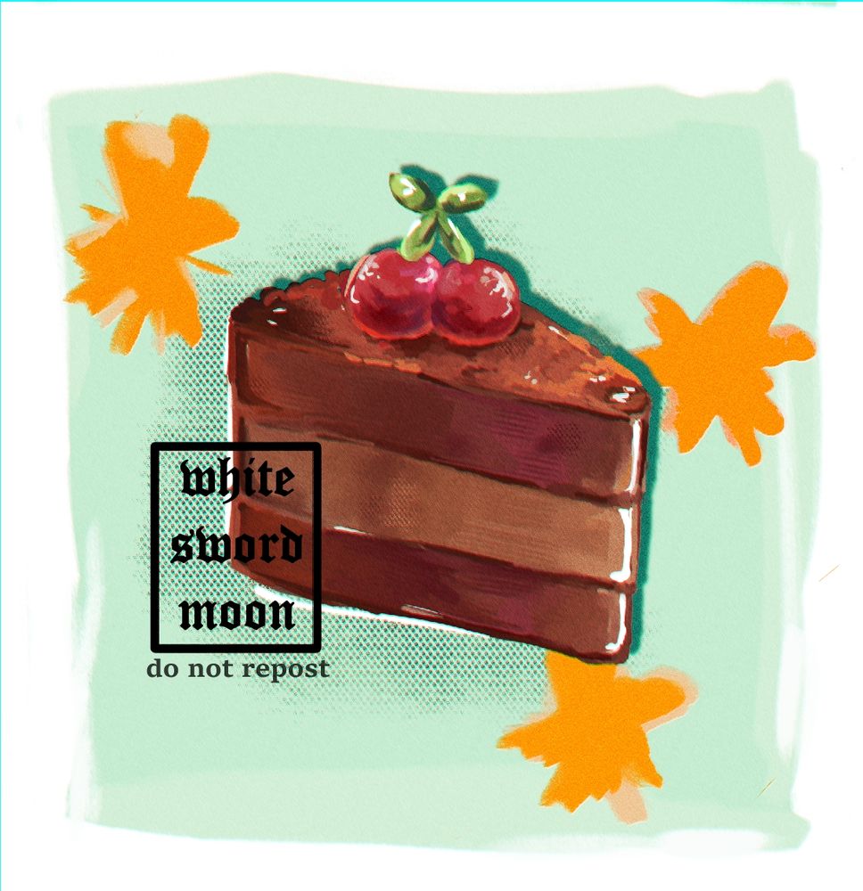 Illustration of a chocolate cake with cherries on top. On a green background surrounded by hand-drawn scribble stars 