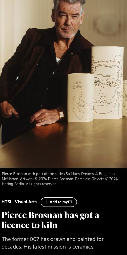 Photo of pierce brosnan with some pottery and (you guessed it) license to kiln