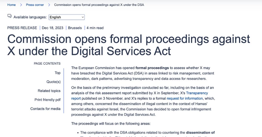 EU Commission website grab of the 2023 investigations against X/twitter