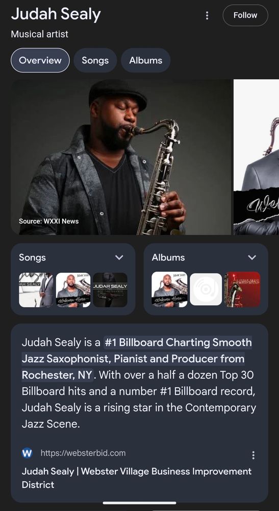 Jazz musician Judah Sealey playing saxophone as Clarence Clemons.