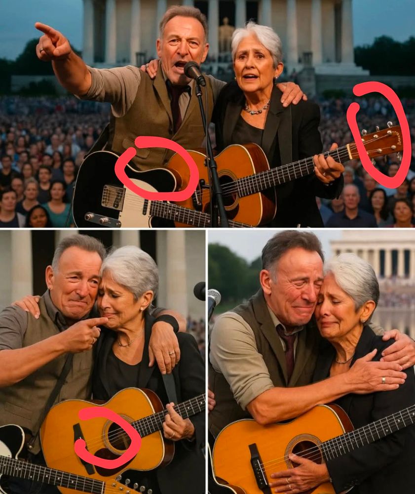 AI images of Bruce Springsteen and Joan Baez with errors such as fake text called out in red.