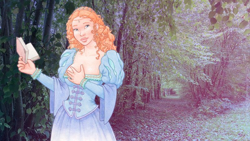 Preview basse définition du fond d'écran reprenant la bellaminette en costume, sur un fond (photographique) de chemin forestier, dont les couleurs sont décalées vers le mauve…