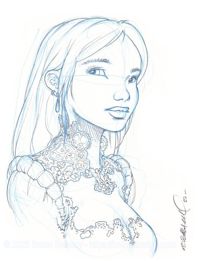 Croquis d'une bellaminette en buste, cheveux longs et raides, très élégante, dans sa robe dont le haut est entièrement en dentelle, avec des découpes et des motifs complexes, très décoratifs.