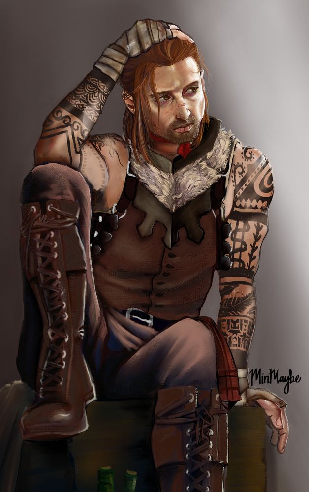 A fighter poses moodily on a box looking to one side--his arms are tattooed, and he wears a vest, furred hood, boots, and boxer's hand wraps.