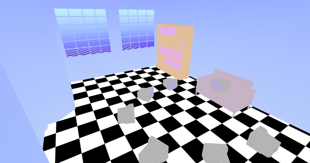 Screenshot of the VR game "Hello Cruel World" of a section of map in "cyberspace" with vaporwave-like materials on everything.